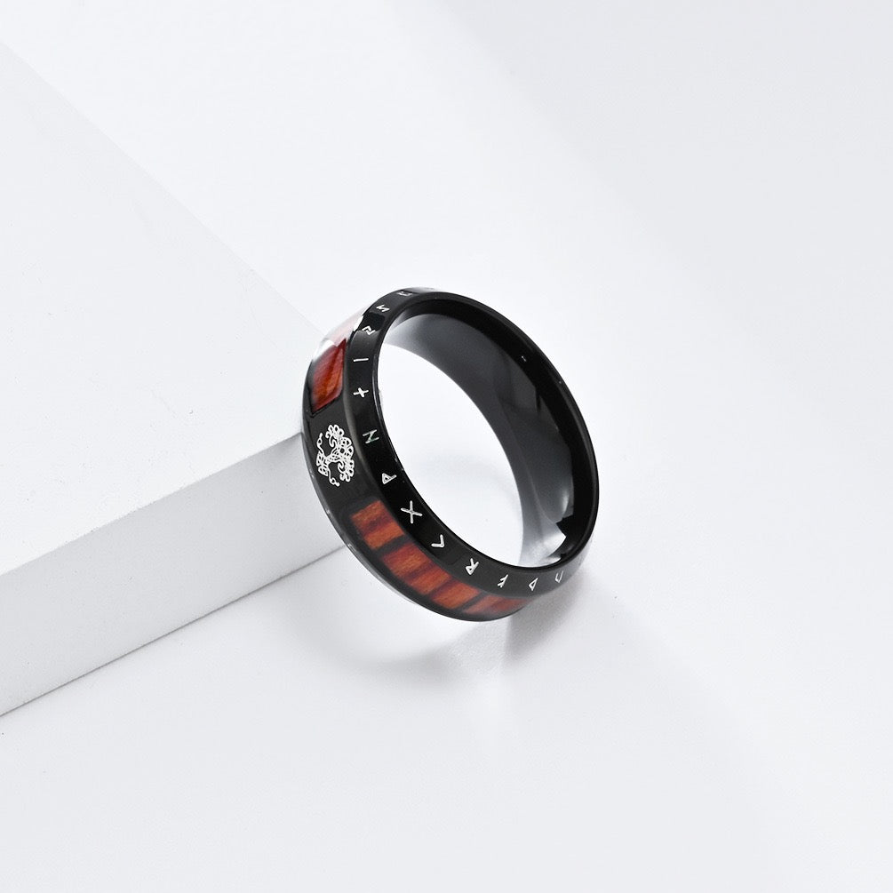 Black tree of life viking rune wood grain stainless steel ring