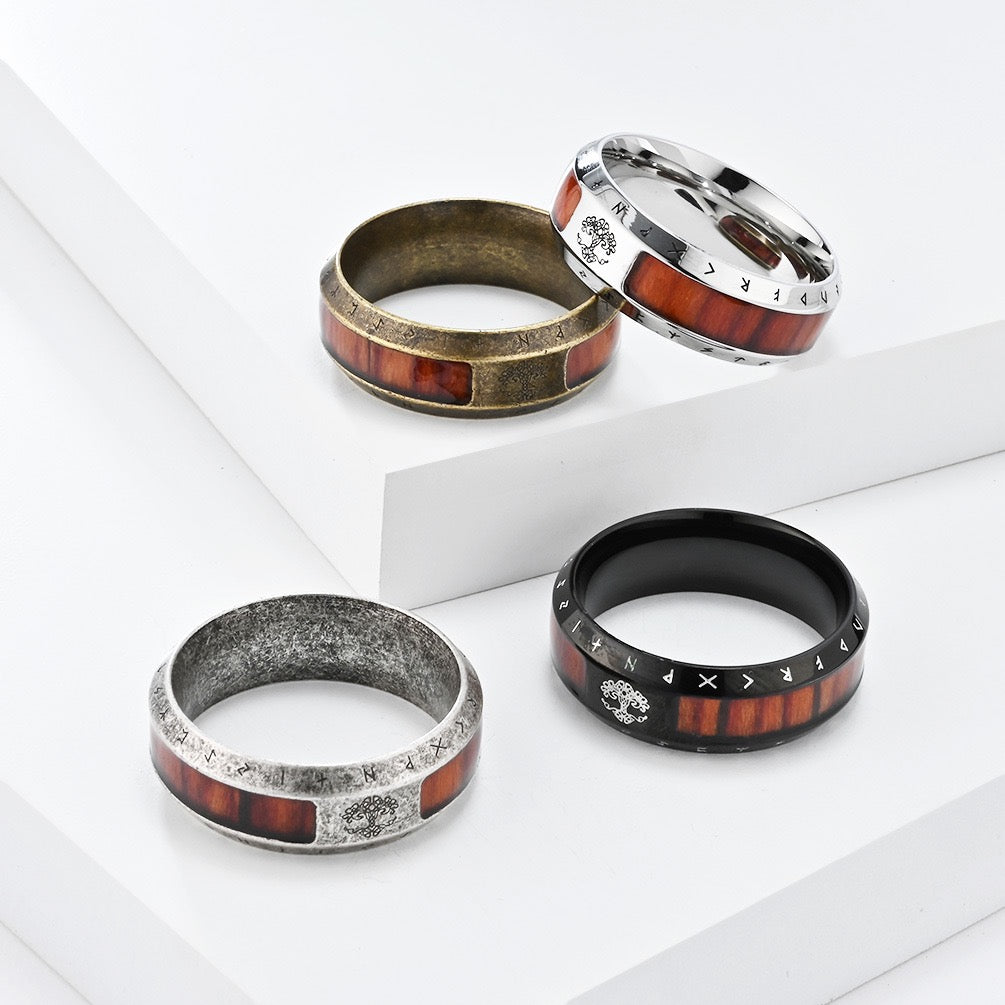 Four tree of life viking rune wood grain stainless steel ring
