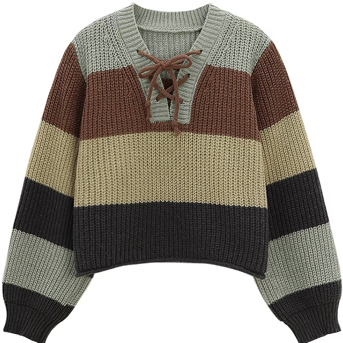V neck lace up color block sweater