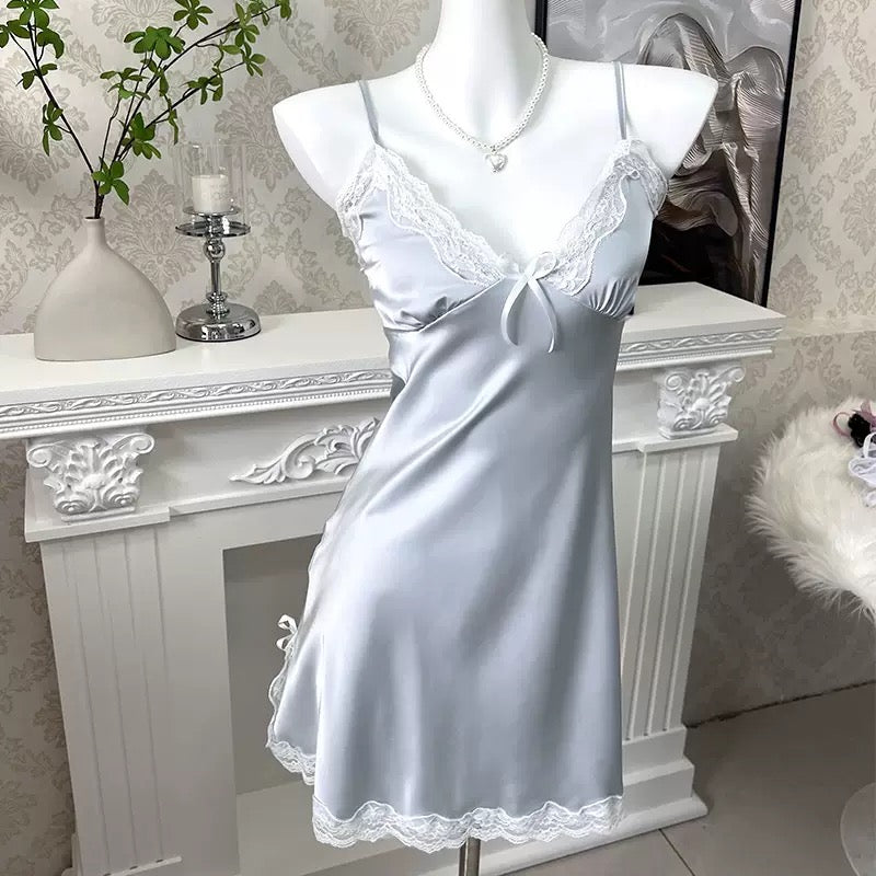 Light Blue Sexy Lace Trim Backless Nightgown - Femboy Fashion