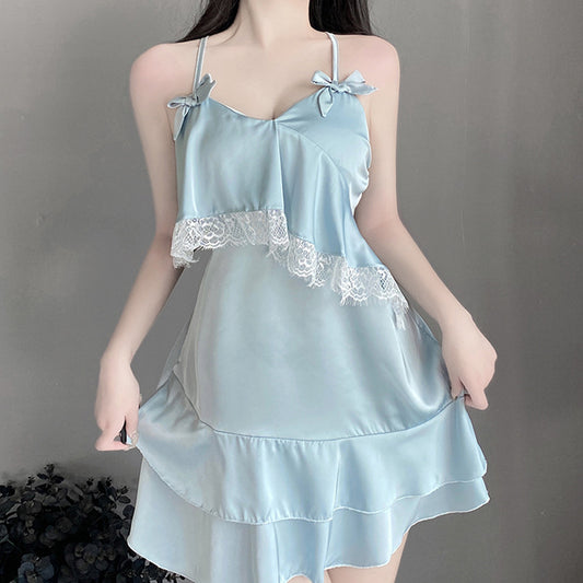 Light Blue Sexy Lace Trim Backless Nightgown - Femboy Fashion