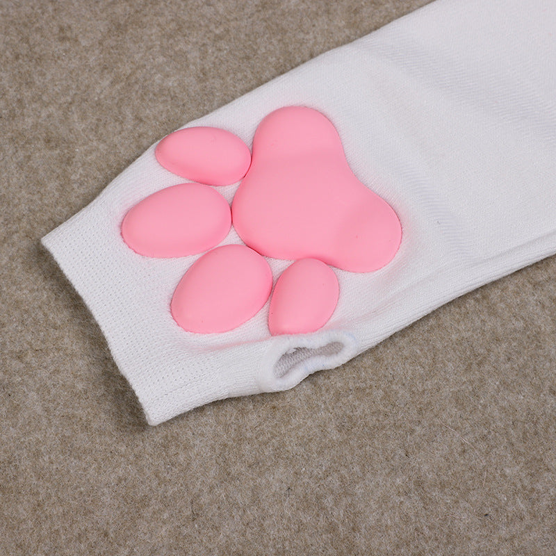 White 3D Cat Paw Fingerless Gloves Detail - Femboy Fashion