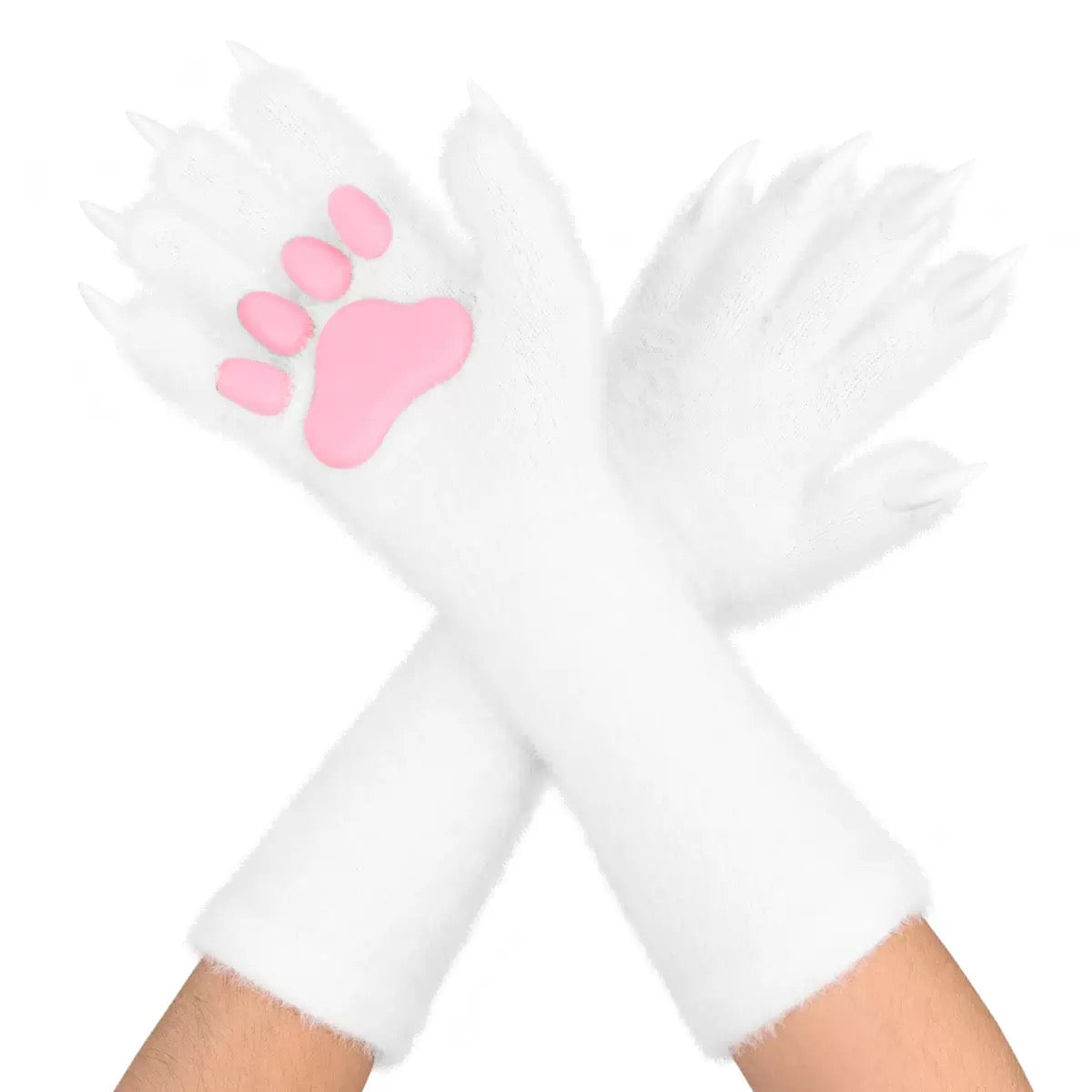 White gloves with 3d pink paw on a white background