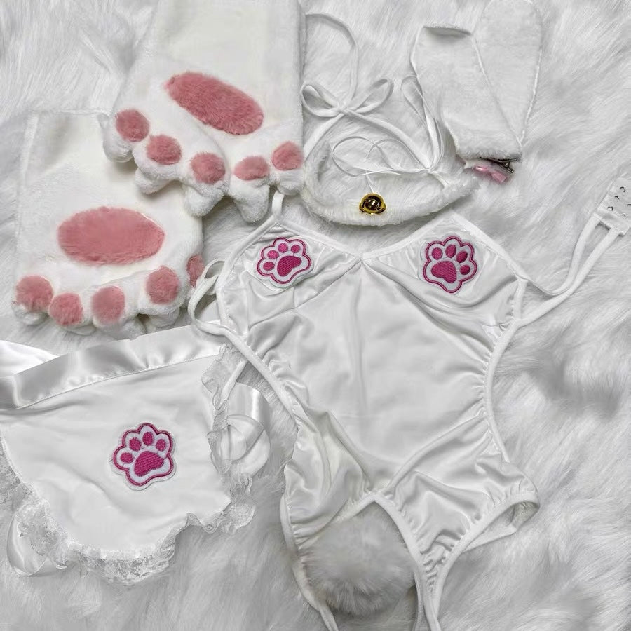 White cat-themed underwear set with paw prints on a fluffy white background