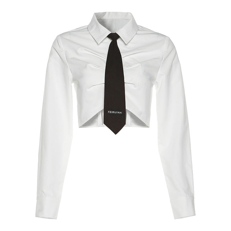 White Cinch Waist Crop Shirt Long Sleeve - Femboy Fashion