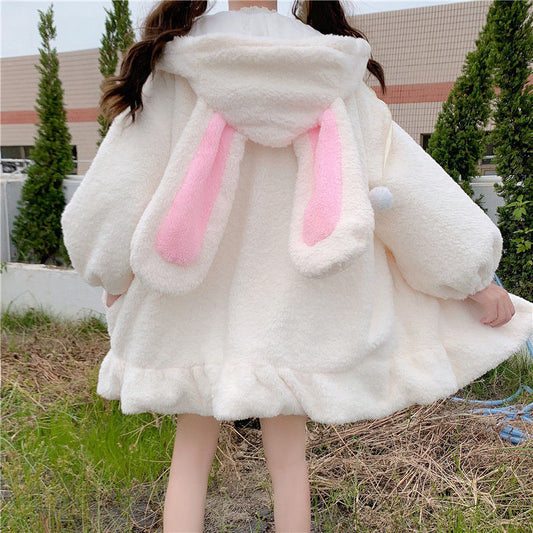 White Cute Bunny Zip Hoodie With Ears - Femboy Fashion