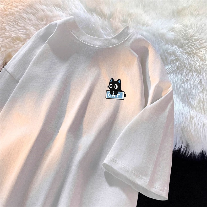 White Cute Cat Printed T-Shirt - Femboy Fashion