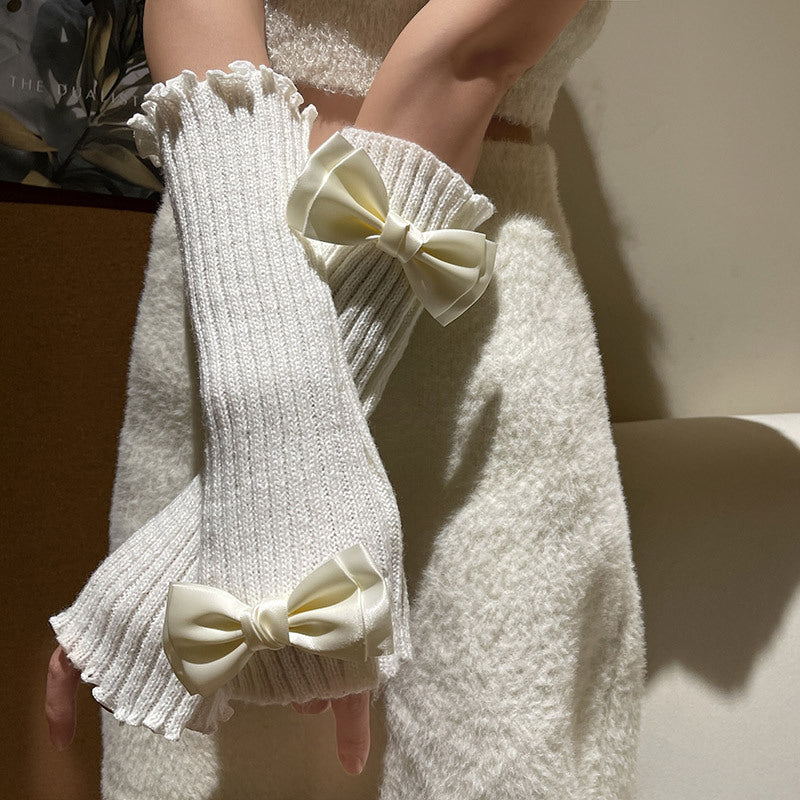 White Cute Fingerless Gloves With Bow - Femboy Fashion