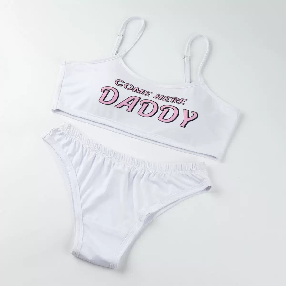 White tank top and high-waisted shorts set with 'COME HERE DADDY' text on a white top