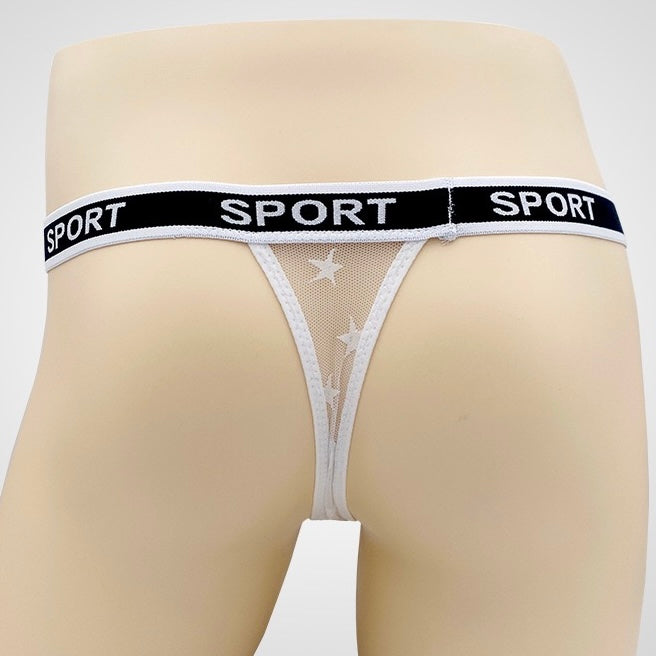 White men's underwear with black 'SPORT' waistband on a mannequin.