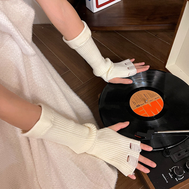 Femboy Fingerless Knit Gloves White - Femboy Fashion