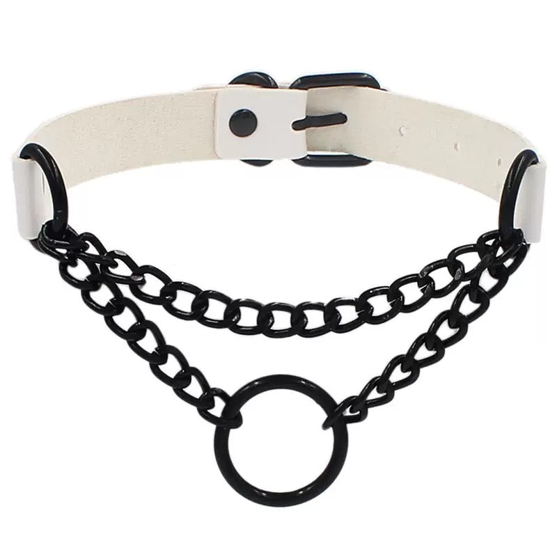 White gothic leather choker with round chain