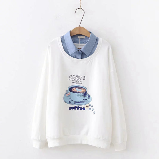 White Cute Coffee Printed Sweatshirts - Femboy Fashion