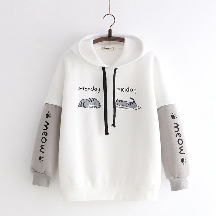 White And Grey Kawaii Cat Hoodie - Femboy Fashion
