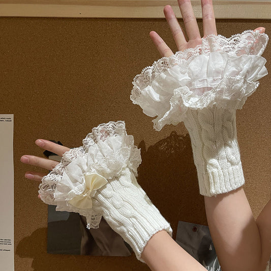 Lace Bow Knit Fingerless Gloves White - Femboy Fashion