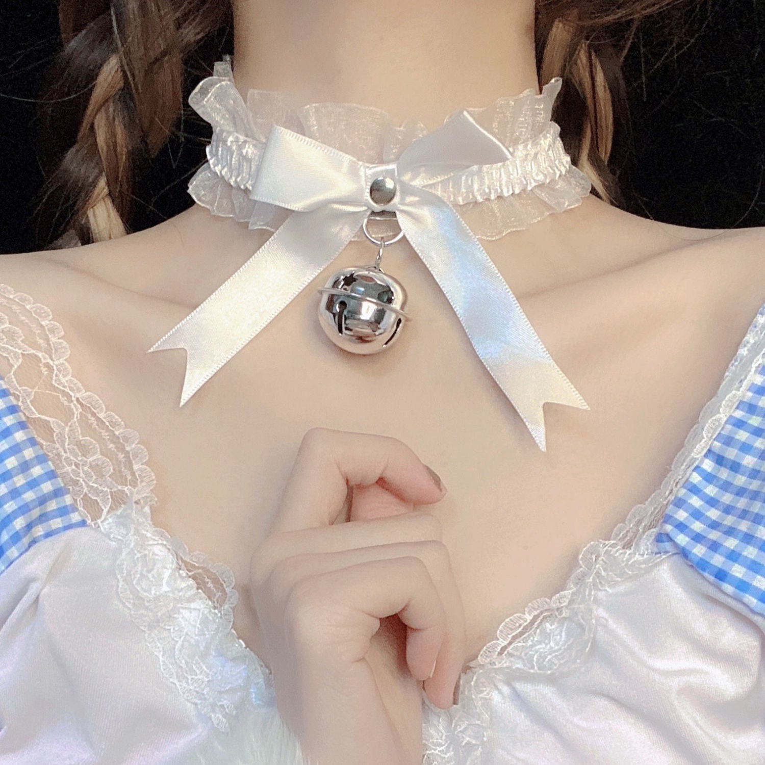 White Lace Choker With Bow Bell - Femboy Fashion