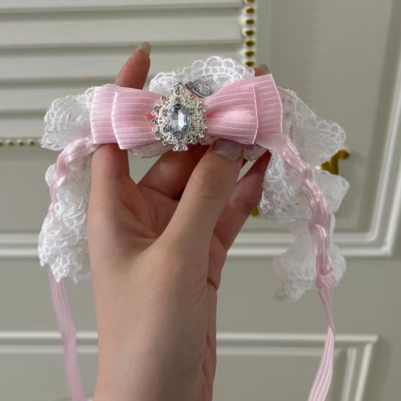 White lace lolita choker with pink bow details