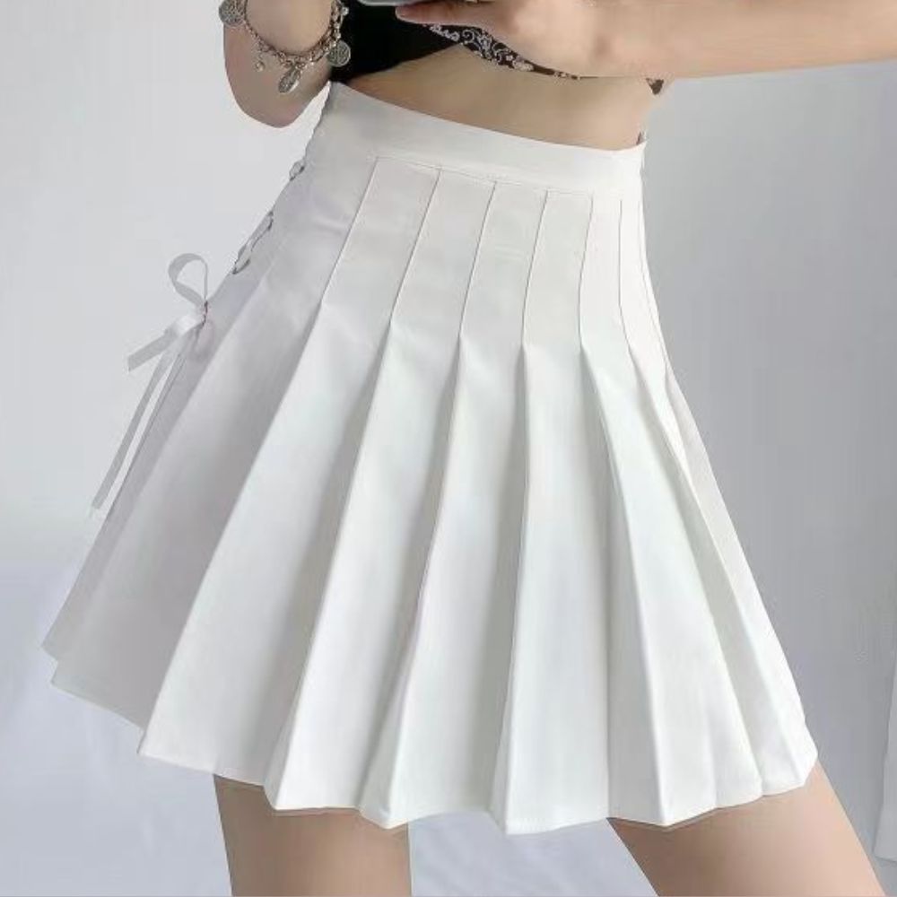 Femboy wear a white lace up side pleated skirt