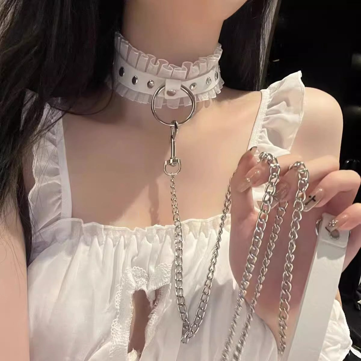 White Leather And Lace Choker With Chain- Femboy Fashion