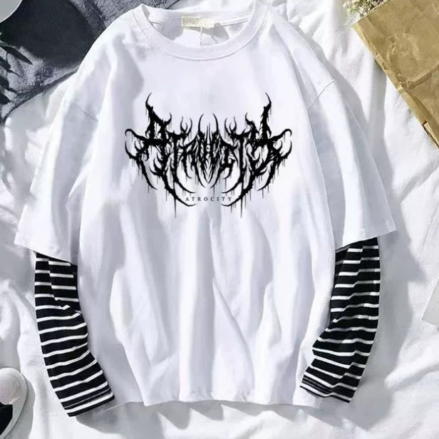 White striped loose double sleeve long sleeve tee