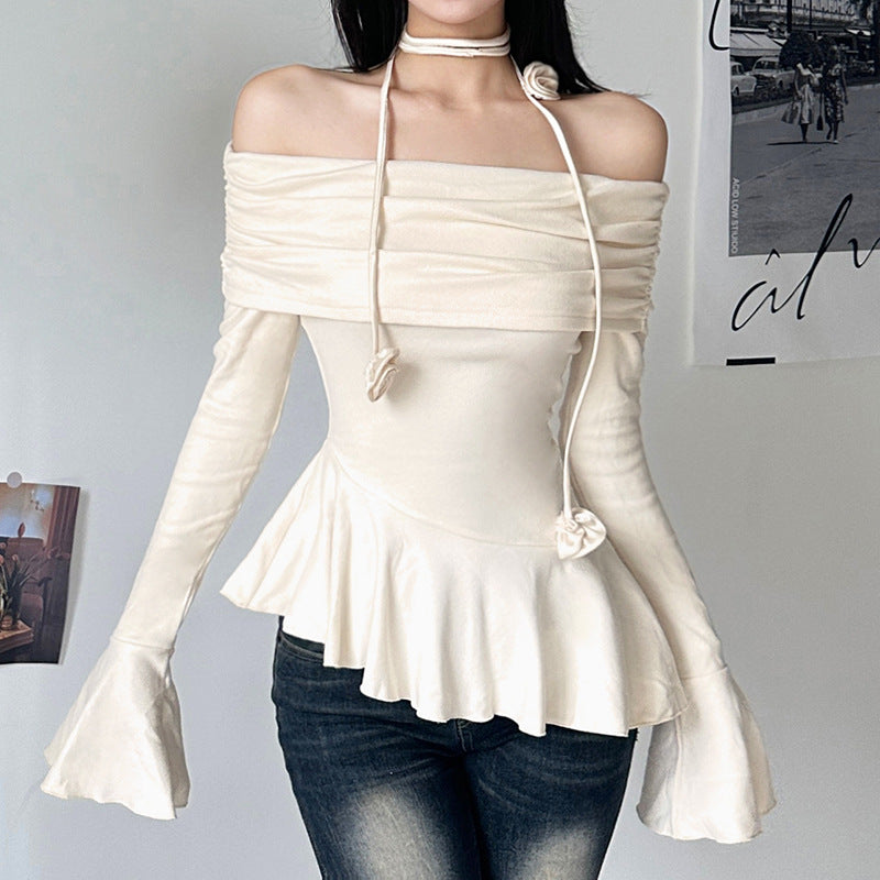 A Girl in Sweet White  Off Shoulder Top With Long Sleeves - Femboy Fashion