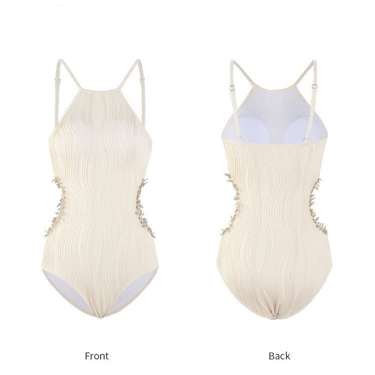 White One Piece Cutout Swimsuit Front And Back - Femboy Fashion