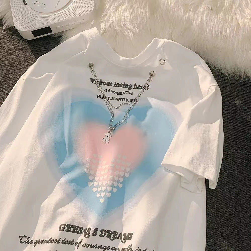 White Oversized Heart Print T Shirt With Chain - Femboy Fashion