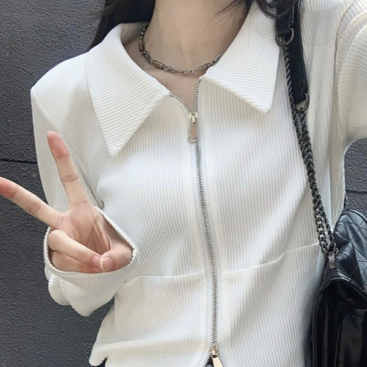 White Polo Slim Fit Long Sleeve T-Shirt - Femboy Fashion