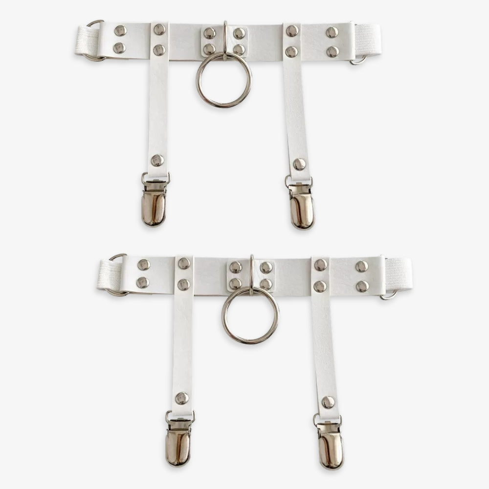 White punk leather garters with o-ring