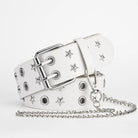 White leather belt with silver studs and chain on a light gray background