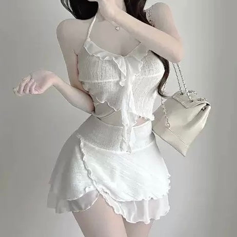 White Ruffle Halter Bikini Set - Femboy Fashion