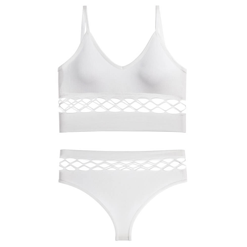 White sexy cutout bra and panty set with lattice design on a white background