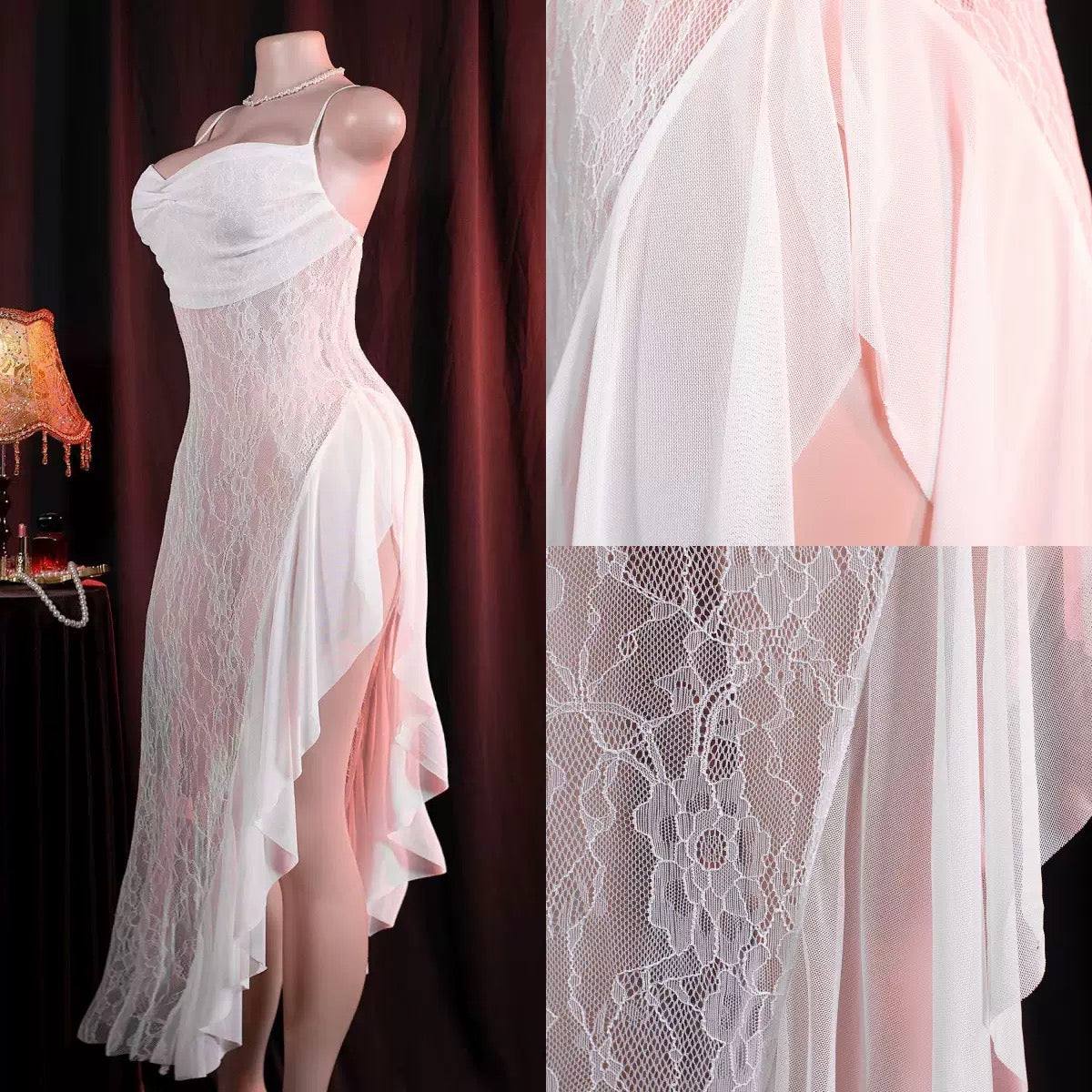 White lace nightgown on a mannequin with close-up details against a dark background.