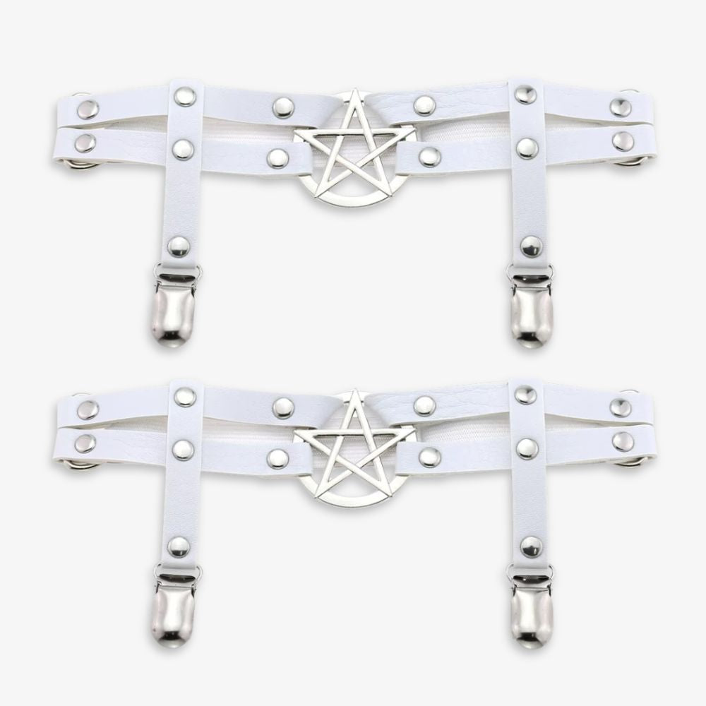 White leather leg garters with silver pentagram design on a white background