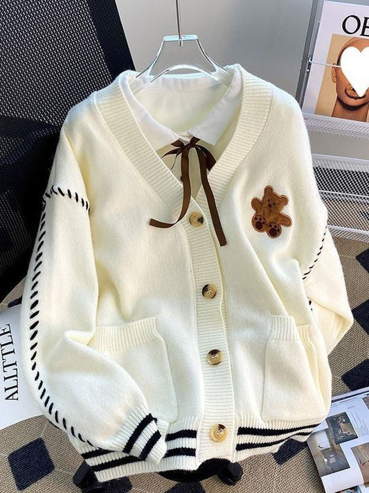 White V Neck Bear Cardigan Sweater for Femboy - Femboy Fashion