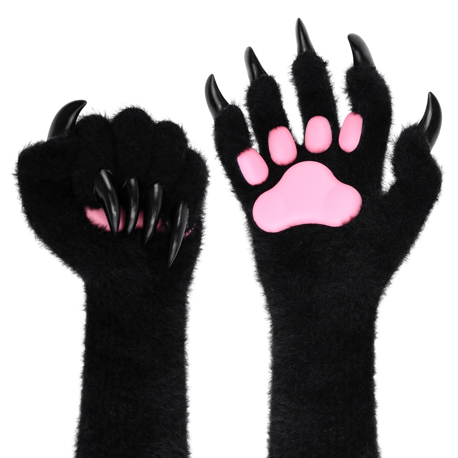 Black 3d cat paw gloves with black claws on a white background