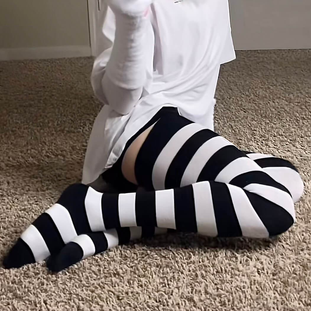 80cm extra long femboy in black and white striped thigh high socks