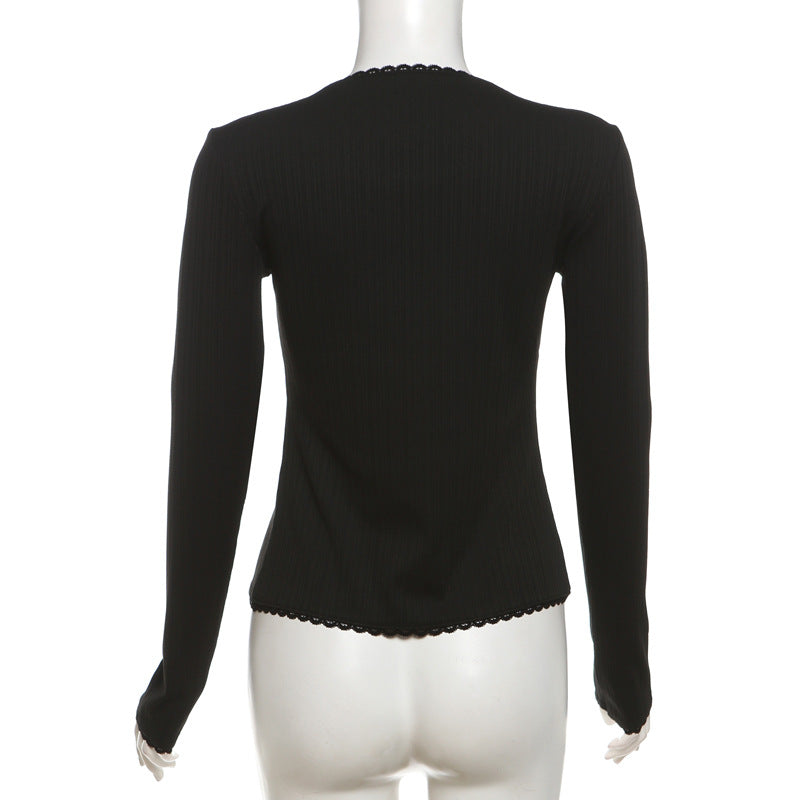 Black Slim Long Sleeve Tie Front Top - Femboy Fashion