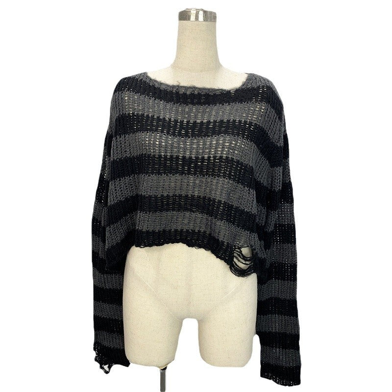 Black and gray striped distressed crop sweater