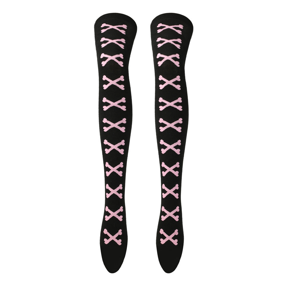 Black and pink skeleton bone thigh high socks