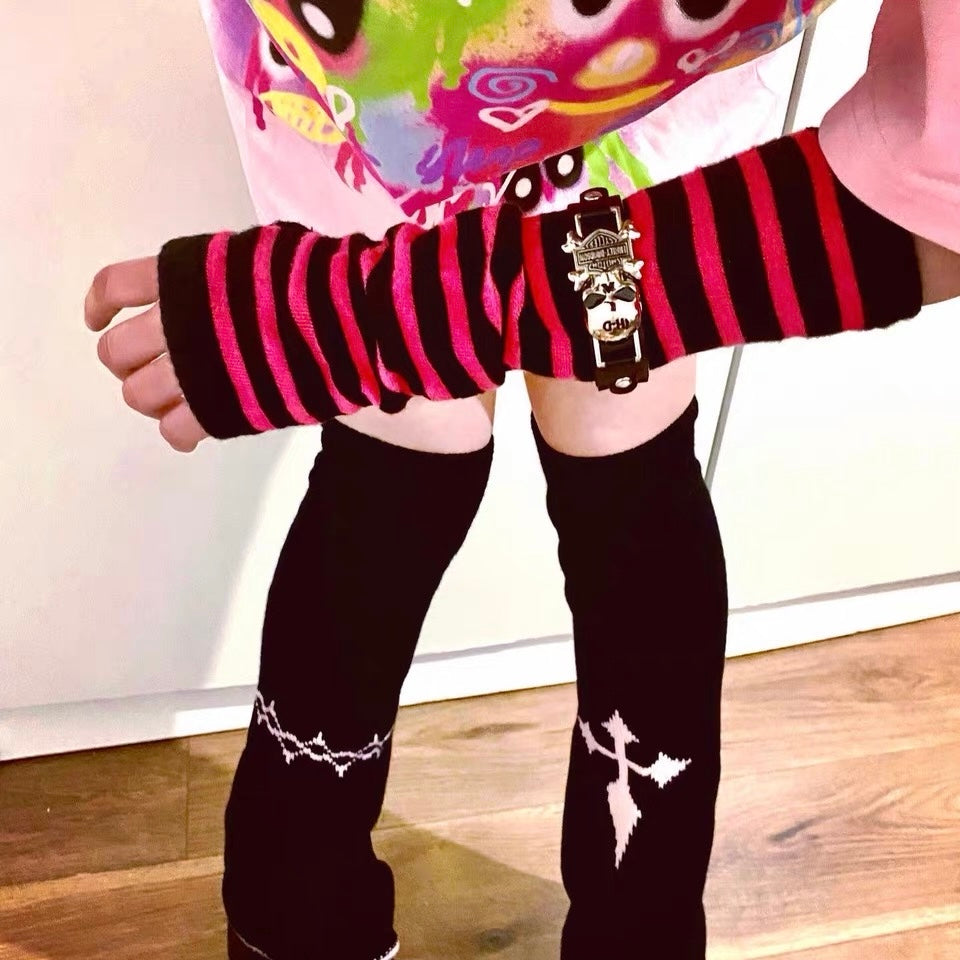 Femboy Wear Pink And Black Striped Arm Warmers - Femboy Fashion