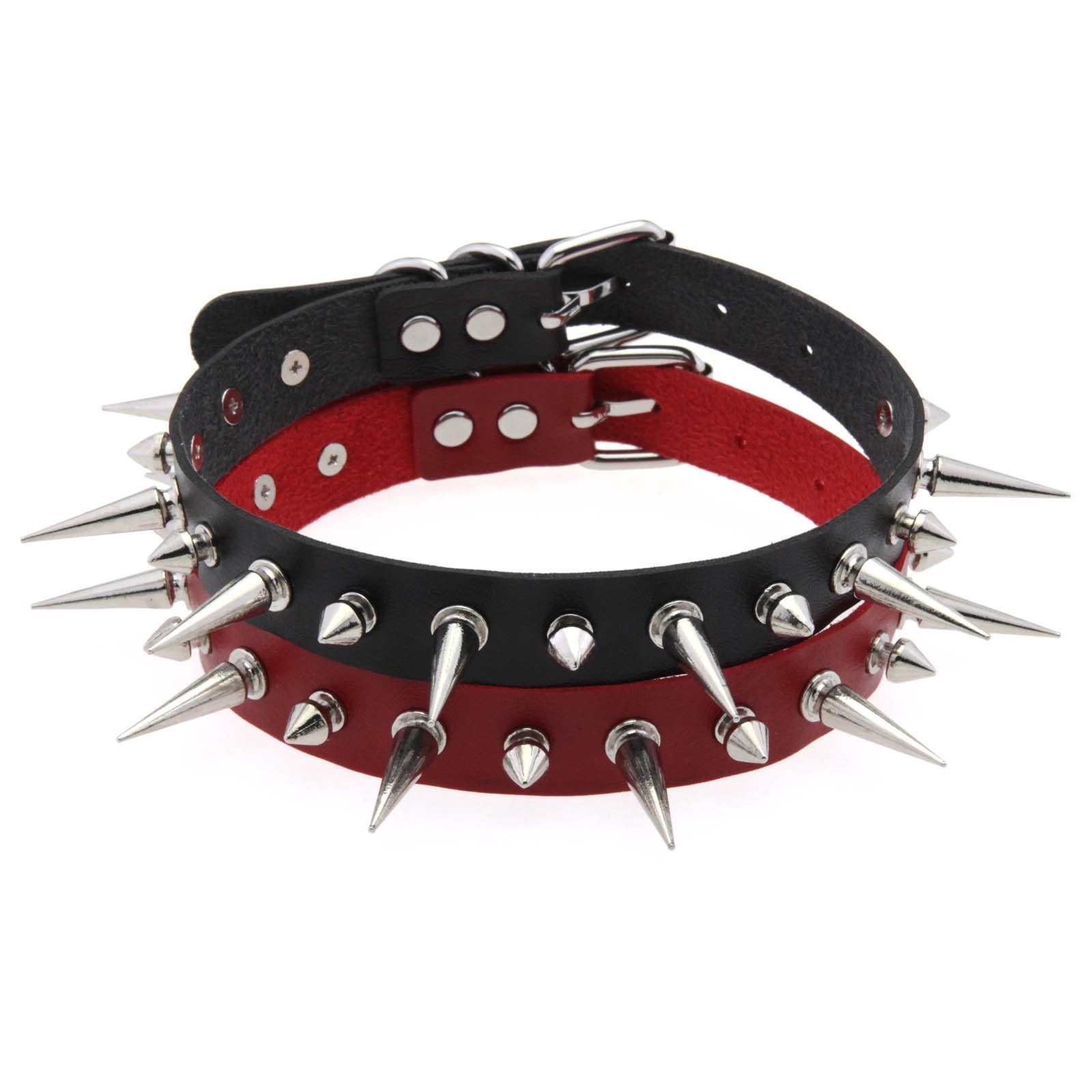 Black and red spiked dog collar on a white background