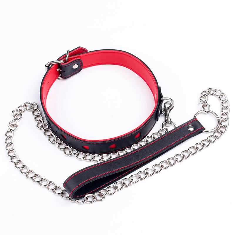 Black and red leather collar with chain femboy fashion