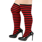 Red and black striped plus size thigh-high stockings worn with black patent high heels on a white background.