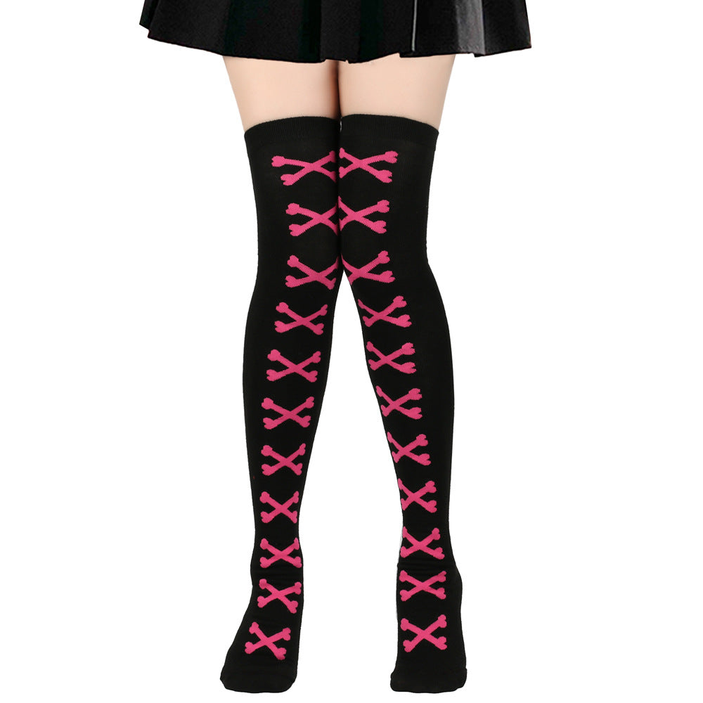 Black and rose skeleton bone thigh high socks