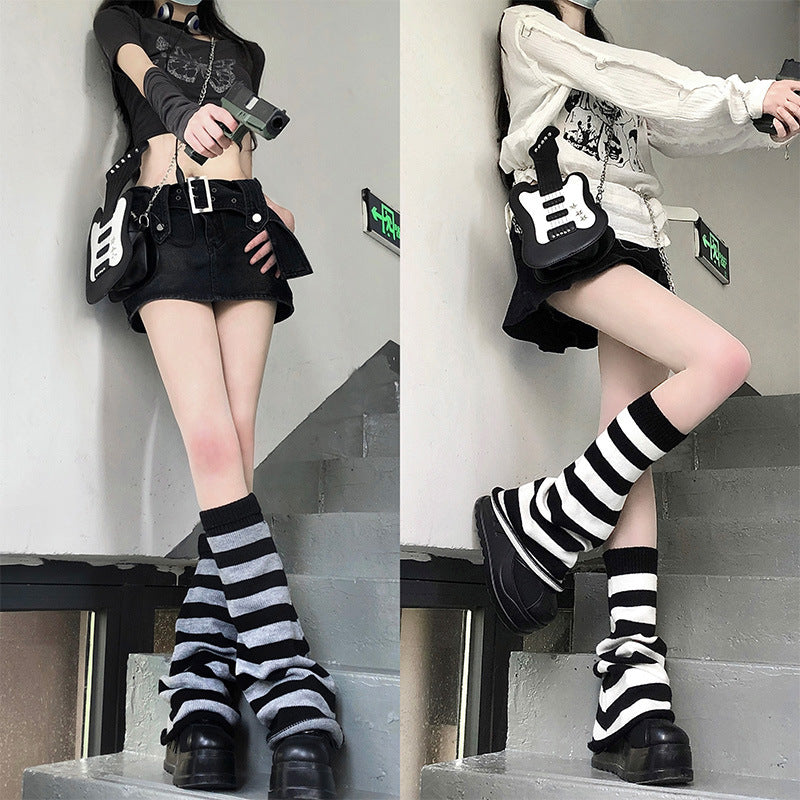 Black And White And Gray Striped Leg Warmers - Femboy Fashion