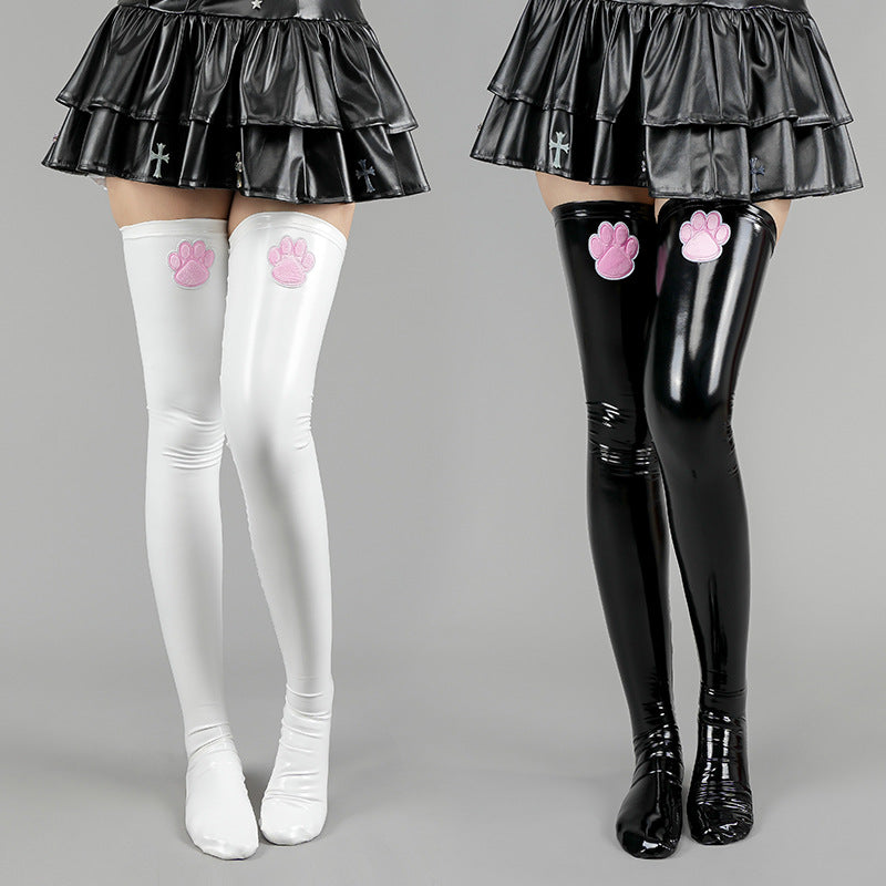 Black and White Cat Paw Latex Thigh High Socks - Femboy Fashion