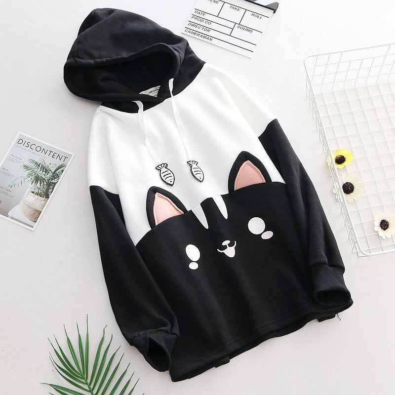 Femboy black and white cute cat hoodie for femboy