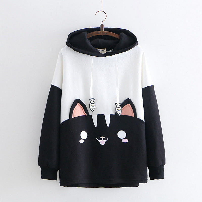 Femboy black and white cute cat hoodie front