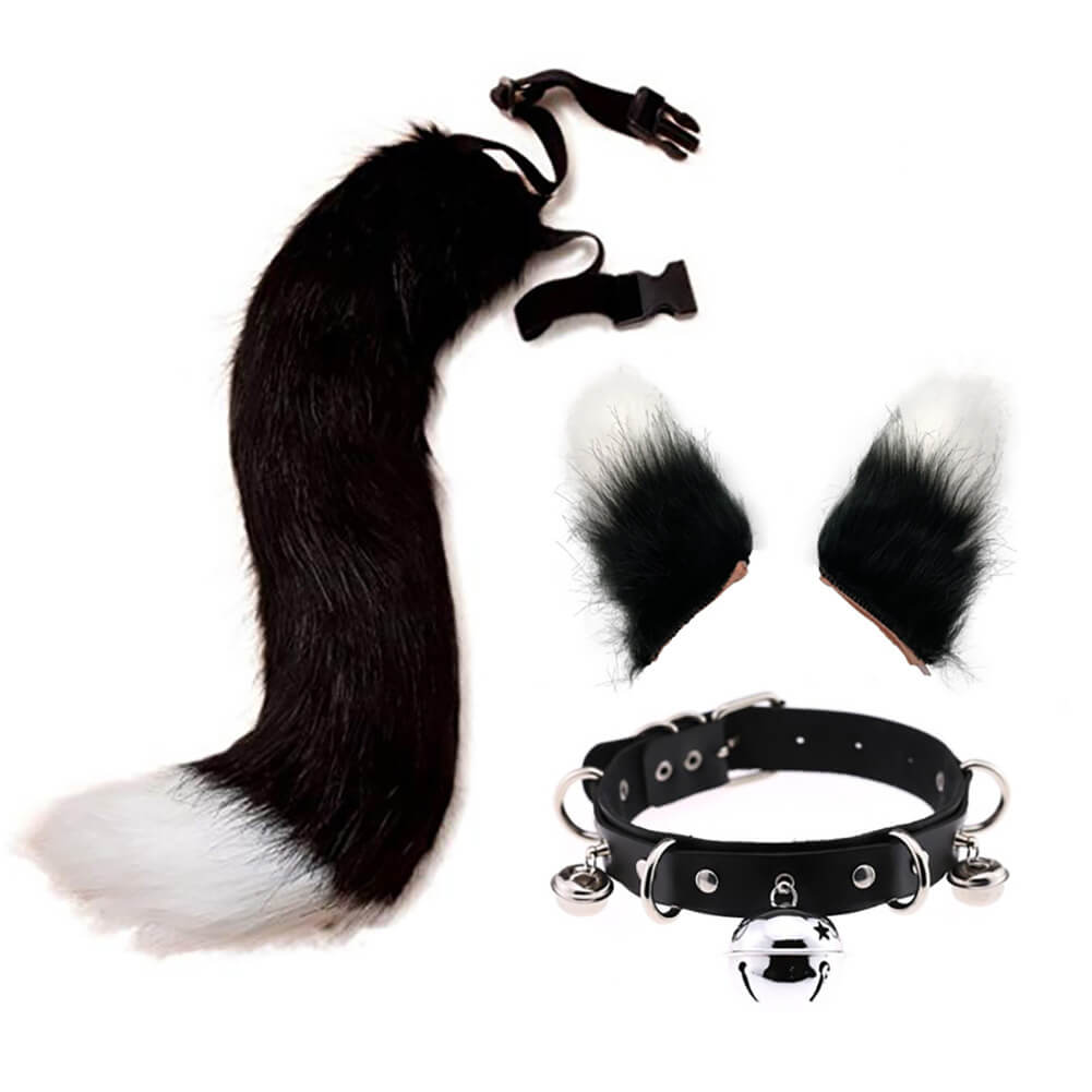 Black And White Fox Ears Clips And Tail With Collar Set - Femboy Fashion